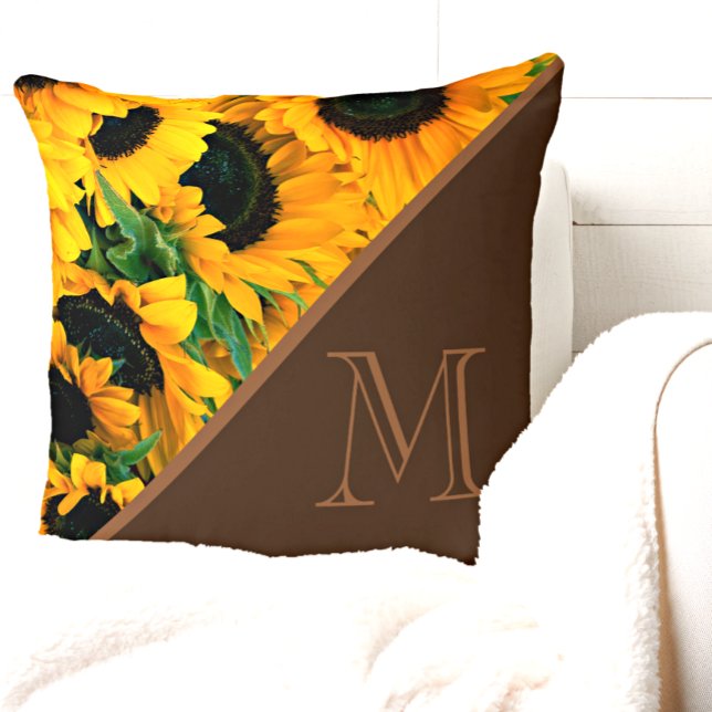 Trendy Monogram Sonnenblumen Brown Gold Kissen (Von Creator hochgeladen)