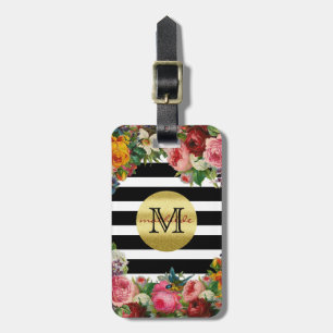 Trendy Monogram Stripes Rose Blume Gold Glitzer Gepäckanhänger