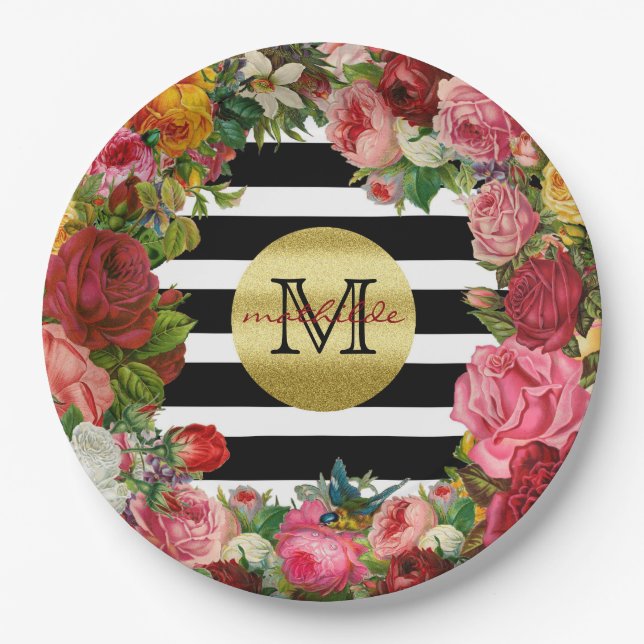 Trendy Monogram Stripes Rose Blume Gold Glitzer Pappteller (Vorderseite)