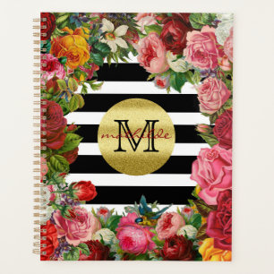 Trendy Monogram Stripes Rose Blume Gold Glitzer Planer