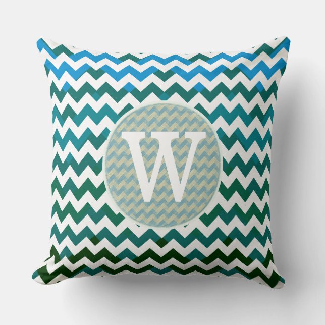 trendy monogramm bläuliche Zickzack Streifen Kissen (Vorderseite)
