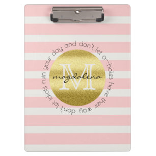 Trendy Monogramm-GoldGlitzer erröten rosa Streife Klemmbrett