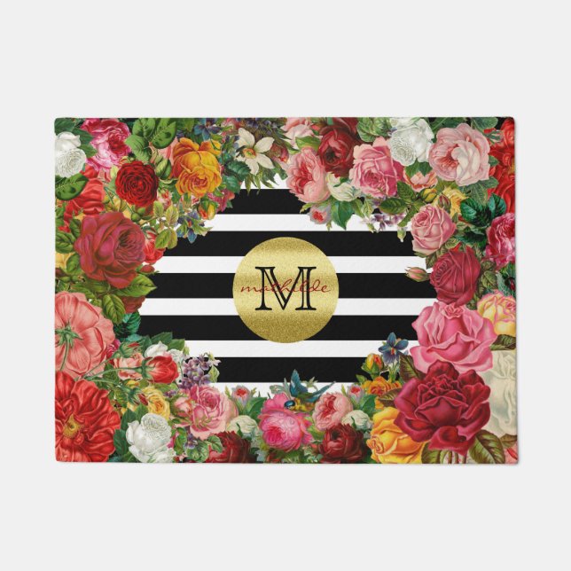 Trendy Monogramm Stripes Rosen-Blumen-GoldGlitzer Fußmatte (Vorderseite)