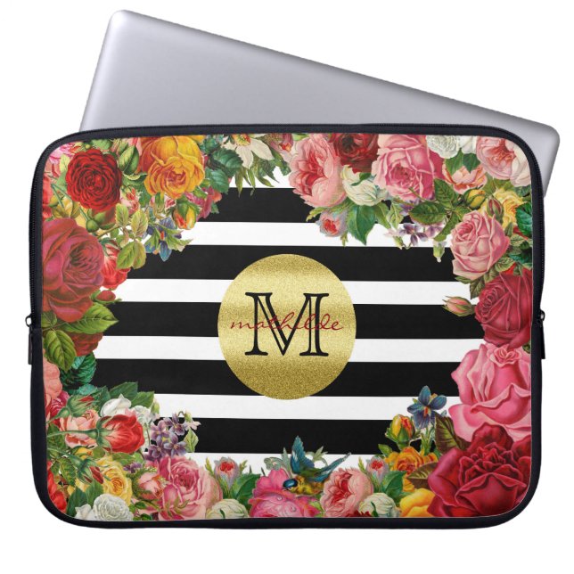 Trendy Monogramm Stripes Rosen-Blumen-GoldGlitzer Laptopschutzhülle (Vorderseite)