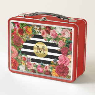 Trendy Monogramm Stripes Rosen-Blumen-GoldGlitzer Metall Brotdose