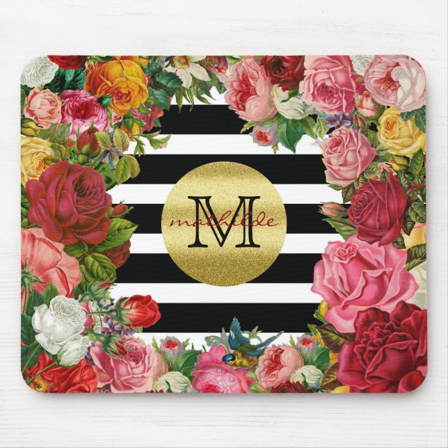 Trendy Monogramm Stripes Rosen-Blumen-GoldGlitzer Mousepad (Vorne)