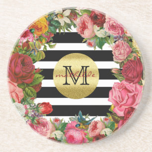Trendy Monogramm Stripes Rosen-Blumen-GoldGlitzer Sandstein Untersetzer