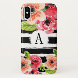 Trendy Monogrammierte Schwarz-weiß Stripes-Blume Case-Mate iPhone Hülle