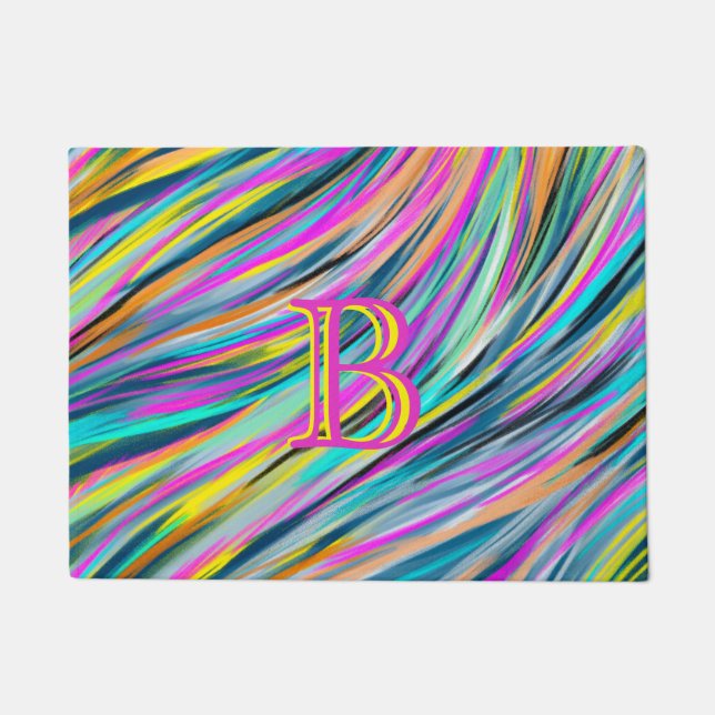 Trendy Multicolor Neon Psychedelic Monogram Fußmatte (Vorderseite)