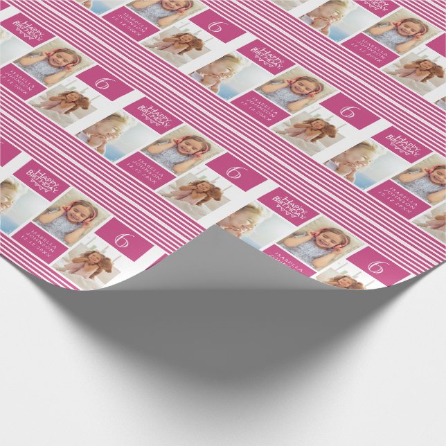 Trendy Muster Pink Streifen Foto Collage Geburtsta Geschenkpapier (Ecke)