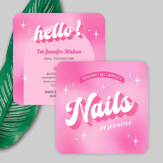 Trendy Nail Artist Girly Pink Groovy Nails Salon Quadratische Visitenkarte (Modern retro nails artist business cards in girly pink featuring groovy fonts)