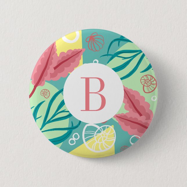 Trendy Nautical Seashells Seaweed | Monogramm Button (Vorderseite)