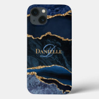 Trendy Navy Blue Agate Gold Glitzer Monogram