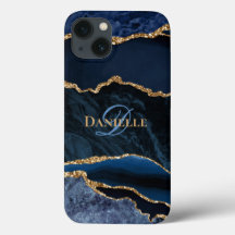 Trendy Navy Blue Agate Gold Glitzer Monogram