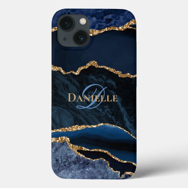 Trendy Navy Blue Agate Gold Glitzer Monogram Case-Mate iPhone Hülle (Rückseite)