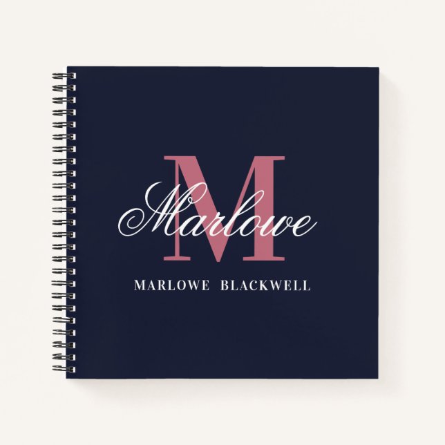 Trendy Navy Blue Blush Pink Monogram Calligrafy Notizbuch (Vorderseite)
