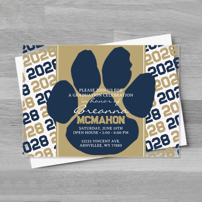 Trendy Navy Blue & Gold Abschluss Pawprint Clear Acryleinladungen (Navy Blue and Bronze Frosted Acrylic Pawprint Graduation Invitation)