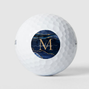 Trendy Navy Blue Gold Agate Geode Glitzer Monogram Golfball