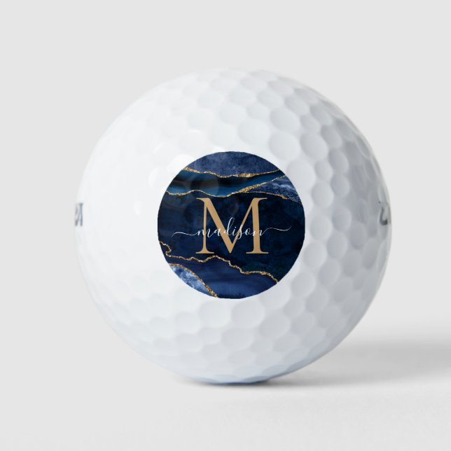 Trendy Navy Blue Gold Agate Geode Glitzer Monogram Golfball (Vorderseite)