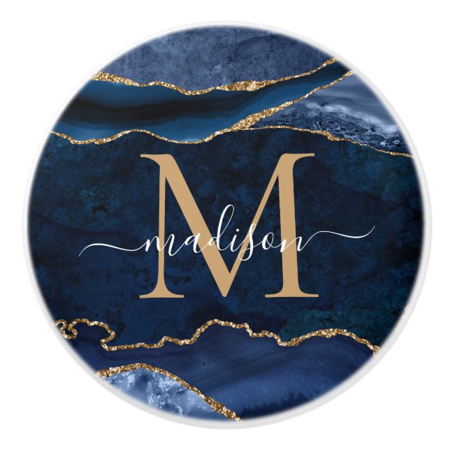 Trendy Navy Blue Gold Agate Geode Glitzer Monogram Keramikknauf (Vorderseite)