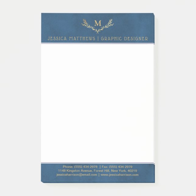 Trendy Navy Blue & Gold Foil Monogram Wreath Post-it Klebezettel (Vorderseite)
