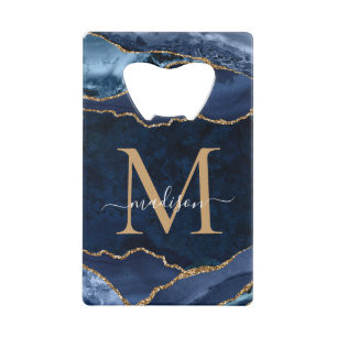 Trendy Navy Blue Gold Glitzer Agate Geode Monogram Geldbeutel Flaschenöffner