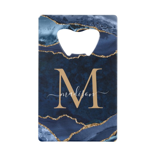 Trendy Navy Blue Gold Glitzer Agate Geode Monogram Geldbeutel Flaschenöffner (Vorderseite)