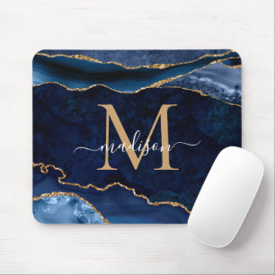 Trendy Navy Blue Gold Sparkle Agate Geode Monogram Mousepad