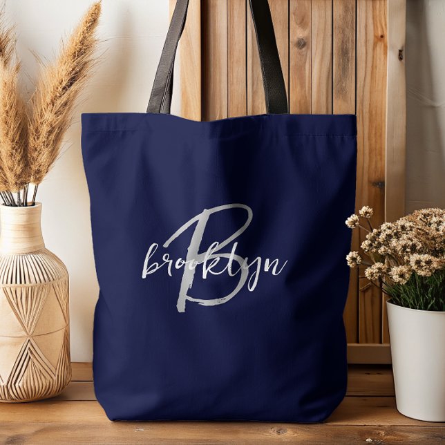 Trendy Navy Blue Gray White Script Monogram (Von Creator hochgeladen)