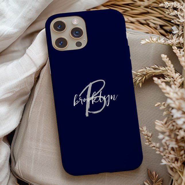 Trendy Navy Blue Gray White Script Monogram Case-Mate iPhone Hülle (Von Creator hochgeladen)
