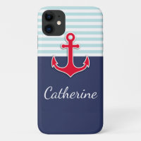 Trendy Navy Blue Nautical Red Anchor Design