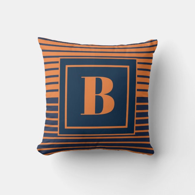 Trendy Navy Blue Orange Streifen Large Monogram Kissen (Vorderseite)