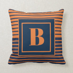 Trendy Navy Blue Orange Streifen Large Monogram Kissen