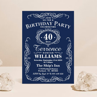 Trendy Navy Blue & White Typografy Geburtstagspart Einladung