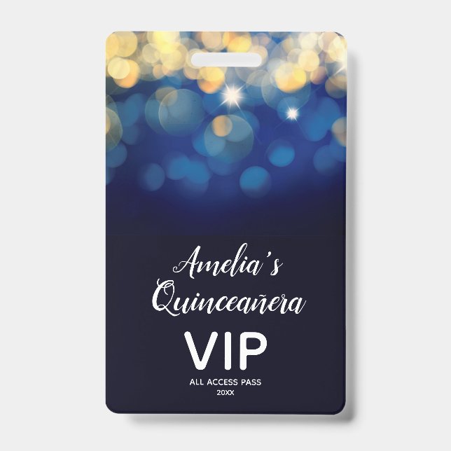 Trendy Navy Gold Bokeh Quinceñera Einladen VIP Pas Ausweis (Vorderseite)