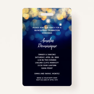 Trendy Navy Gold Bokeh Quinceñera Einladen VIP Pas Ausweis