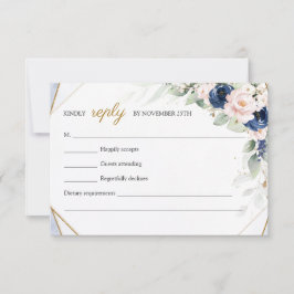 Trendy Navy und Blush Floral Imitate Gold Greenery RSVP Karte