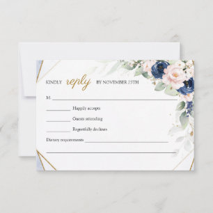 Trendy Navy und Blush Floral Imitate Gold Greenery RSVP Karte