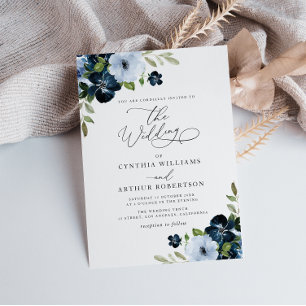 Trendy Navy und hellblaue Blumenschrift Hochzeit Einladung