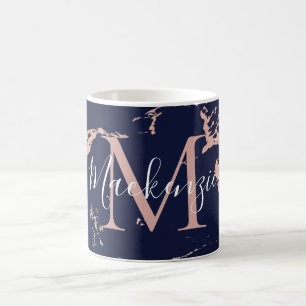 Trendy Navy und Rose Gold Foil Marmor Monogram Kaffeetasse