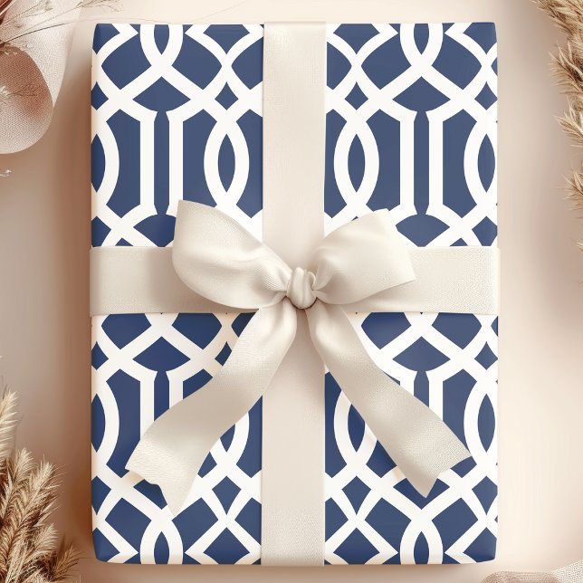 Trendy Navy und White Marokcan Trellis Muster Geschenkpapier (Von Creator hochgeladen)
