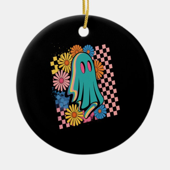 Trendy Neon Floral Ghost Halloween Keramik Ornament (Vorne)