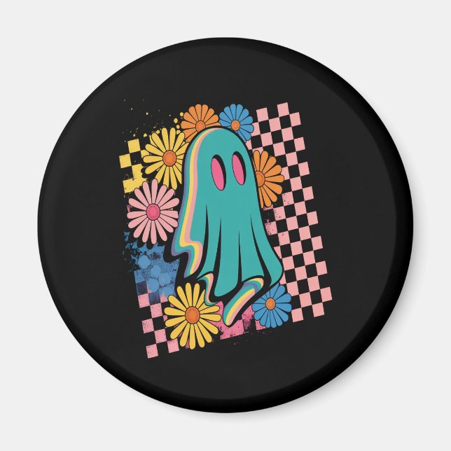 Trendy Neon Floral Ghost Halloween Magnet (Vorne)