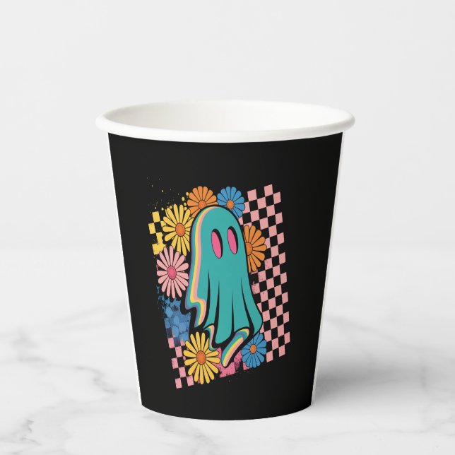 Trendy Neon Floral Ghost Halloween Pappbecher (Vorderseite)