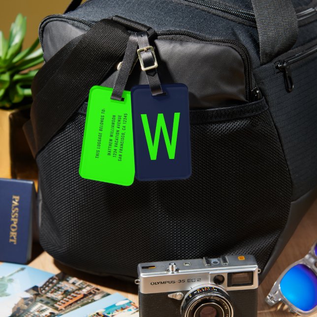 Trendy Neon Green Monogram Gepäckanhänger (Vorderseite & Rückseite)