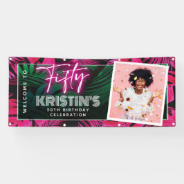 Trendy Neon Pink Tropical 50. Geburtstag Willkomme Banner