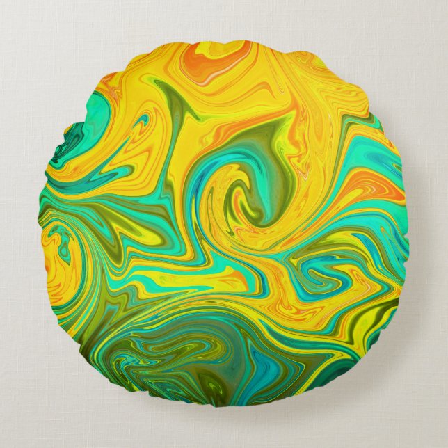 Trendy Neon Yellow Orange Green Abstrakt Swirl Rundes Kissen (Vorderseite)