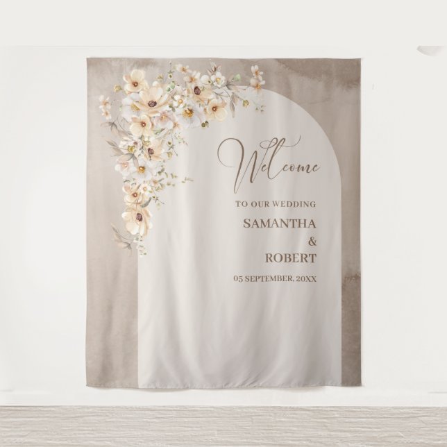 Trendy neutrale Wildblumen boho arch wedding Wandteppich (Vorderseite)