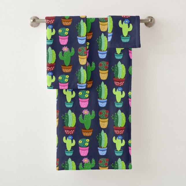 Trendy Niedlich Cartoon Cactus in Pots Pattern Badhandtuch Set (Insitu)