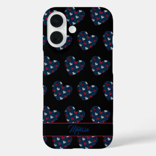Trendy Niedlich Hearts Blue Red Customizable Name iPhone 16 Hülle